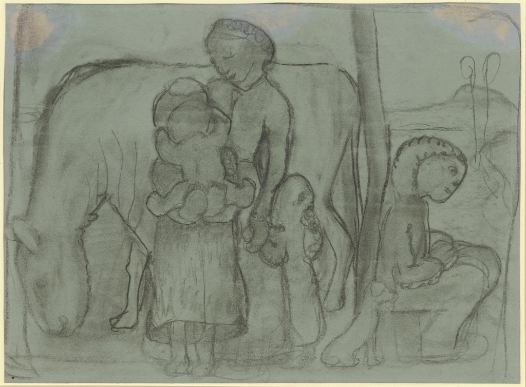 Figurengruppe vor Kuh in Landschaft, Paula Modersohn-Becker