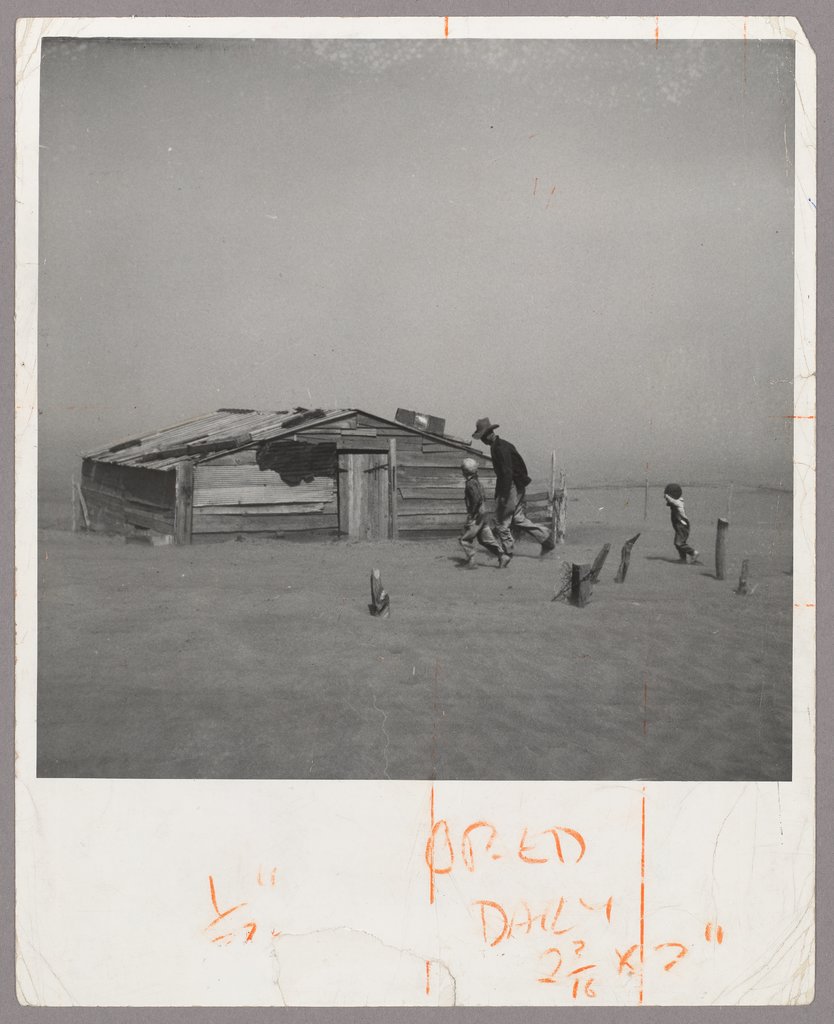 Farmer and sons walking in face of dust storm. Cimarron county, Oklahoma, Arthur Rothstein