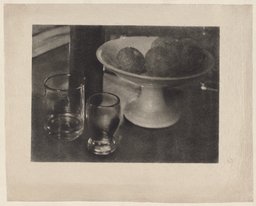 Still Life with Fruit Bowl, Bottle and Glasses, Heinrich Kühn