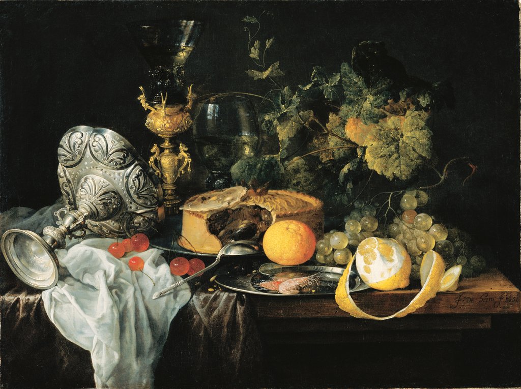 Prunkstillleben mit Früchten, Pastete und Trinkgeschirr, Jan Davidsz. de Heem