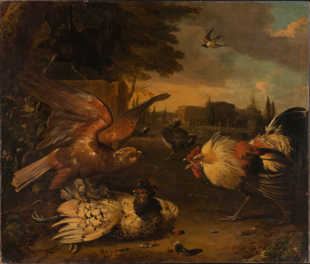 A Cock Defends a Hen from an Attacking Bird of Prey, Melchior de Hondecoeter