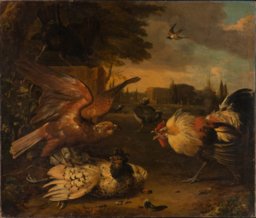 Ein Hahn verteidigt eine von einem Falken geschlagene Henne, Melchior de Hondecoeter