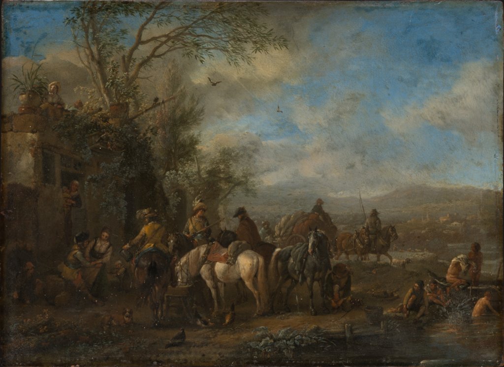 Bewaffnete Reiter vor einem Wirtshaus, Philips Wouwerman