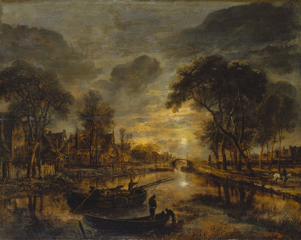 Nocturnal Canal Landscape with Fishing Boats, Aert van der Neer