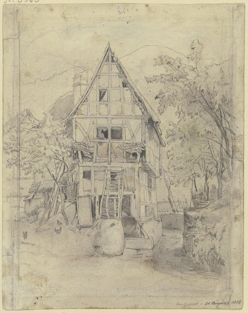 Bauernhaus unter Bäumen, davor einige Fässer und Hühner, Jakob Fürchtegott Dielmann