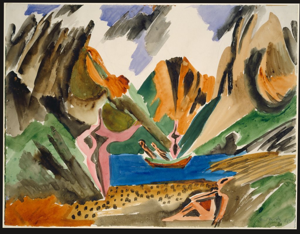 Lofotenlandschaft mit See und Kahn, Ernst Wilhelm Nay