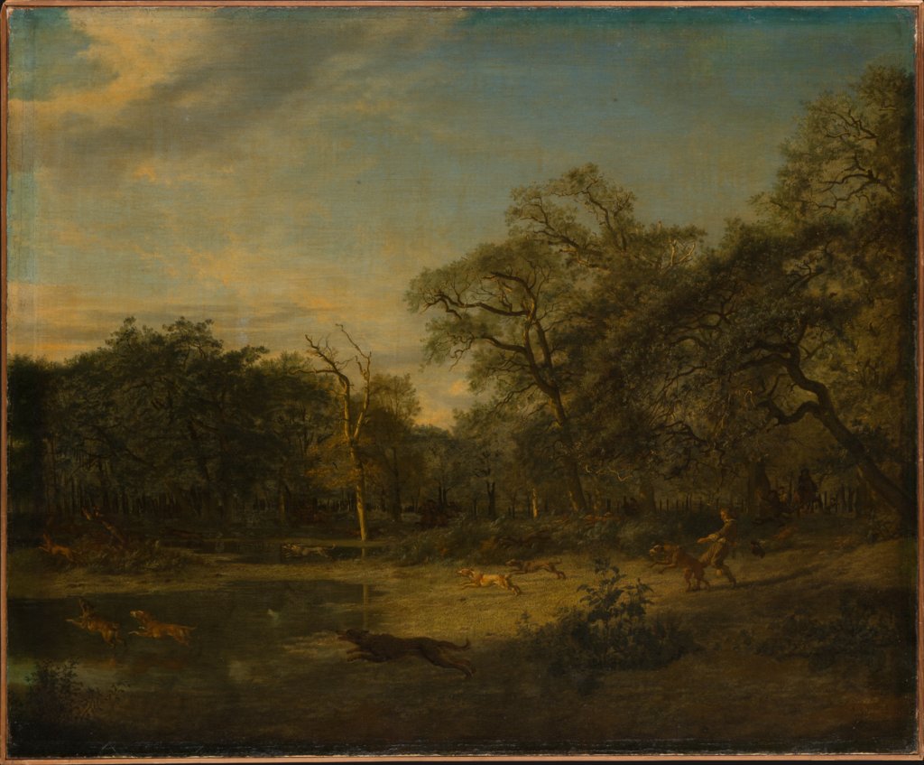 Hirschjagd in einer sumpfigen Waldlandschaft, Adriaen van de Velde