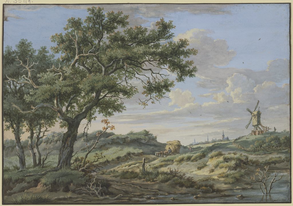 Rechts eine Windmühle, auf dem Weg ein Wagen mit Stroh, Carel Lodewijk Hansen