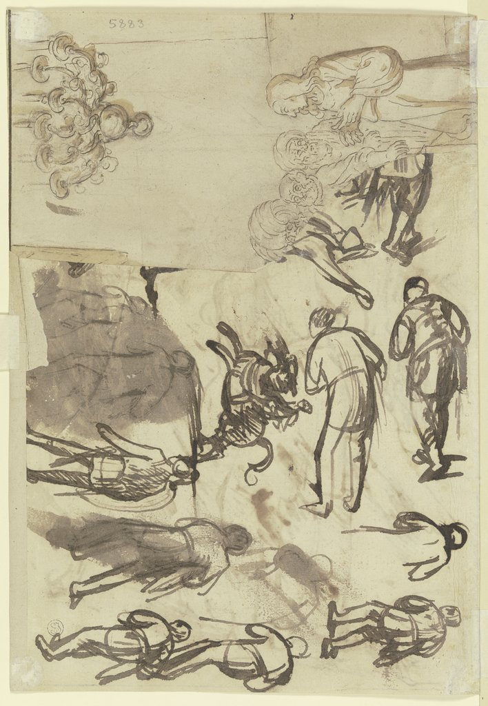 Figuren- und andere Studien, Christus unter den Schriftgelehrten und ein Kronleuchter, Hendrik Goudt, style of Pieter Pietersz. Lastman, style of Jan Symonsz. Pynas, style of Claes Cornelisz. Moeyaert