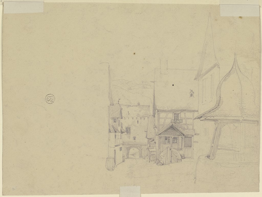 Mit Fachwerkhäusern bestandene Dorfstraße, auf ein steinernes Tor zuführend, Jakob Fürchtegott Dielmann