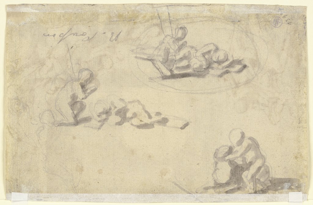 Kniender Johannesknabe mit Lamm und dem auf dem Kreuz schlafenden Christuskind, Nicolas Poussin;  Umkreis