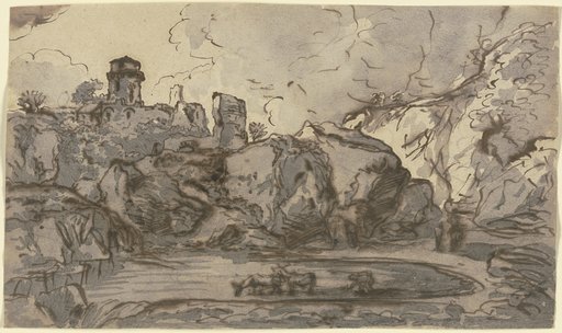 Burgruine an einem Gewässer, in dem Kühe stehen, Franz Innocenz Josef Kobell