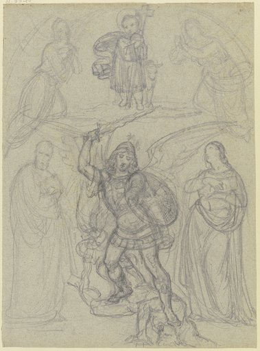 Das Jesuskind mit Kreuz und dem Lamm, von zwei Engeln und zwei Heiligen verehrt, darunter der Erzengel Michael, Satan stürzend, Ferdinand Fellner
