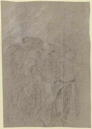 Links ein bärtiger Mann mit Turban (?), eine Frau umarmend, rechts sitzender weiblicher Rückenakt, dahinter eine weitere Gestalt, Victor Müller