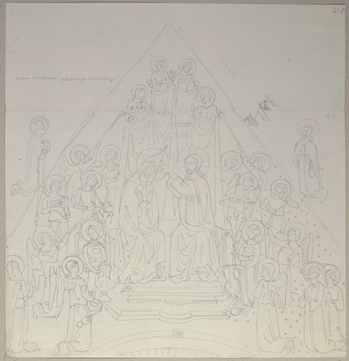 Thronstuhl des alten Chores im Dome von Orvieto, jetzt im Palazzo Apostolico, die Krönung Mariens darstellend, Johann Anton Ramboux