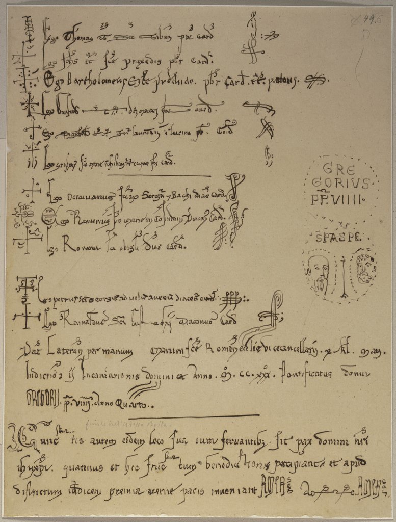 Päpstliche Bulle von Honorius III. mit der Wiedergabe der dazugehörigen Spaspe aus dem 13. Jahrhundert, Johann Anton Ramboux