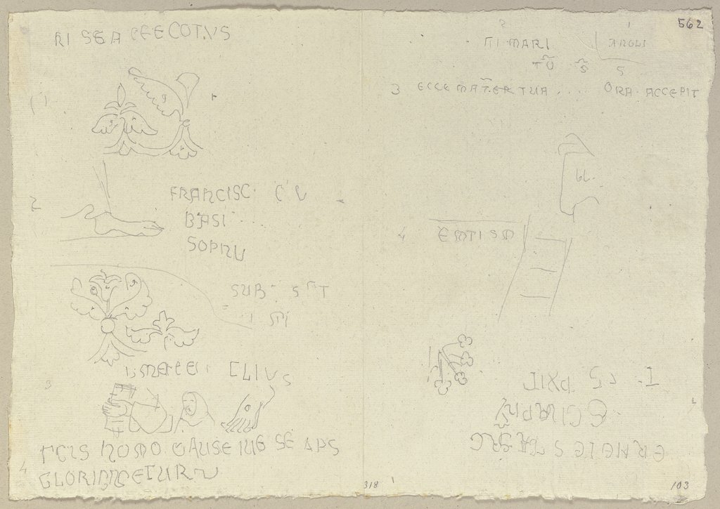 Figürliche und ornamentale Studien sowie Nachschriften verschiedener Inschriften, Johann Anton Ramboux