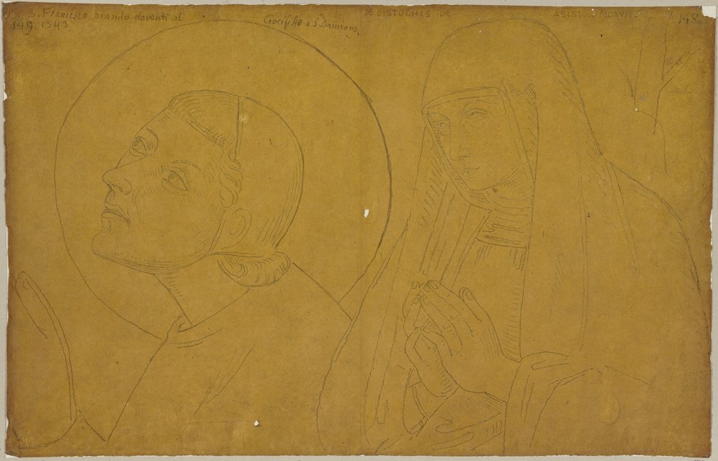 Franz von Assisi als Jüngling im Gebet vor dem Kruzifix von San Damiano in der Art des Ventura Gualthieri von Siena sowie eine Nonne aus der Familie Bistochis de Assisio in der Art des Tiberio von Assisi, Johann Anton Ramboux