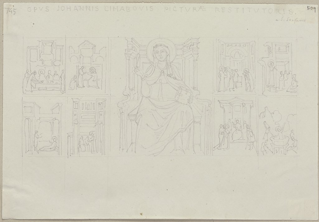 Die Heilige Cäcilia und ihre Lebensgeschichte, Tafel im Chor von Sant Stefano a Ponte Vecchio mit der späteren Inschrift: Opus Johannis Cimabovis picturae Restitutoris, Johann Anton Ramboux