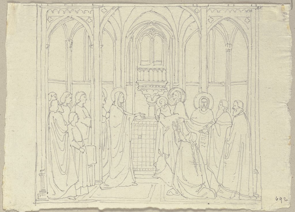 Maria und Jesu Christi im Tempel, Fresko an der Decke des Gewölbes in der unteren Kirche von San Francesco in Assisi, Johann Anton Ramboux, after Giovanni da Milano