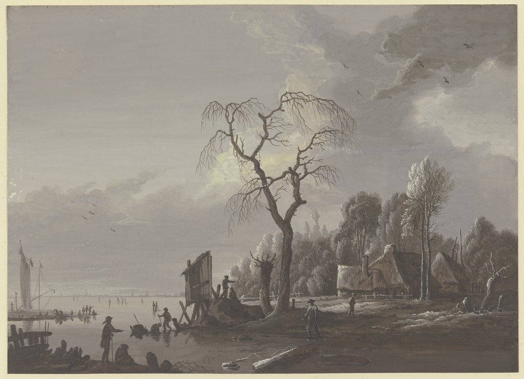 River scenery in the winter, Johann Friedrich Morgenstern, after Christian Wilhelm Ernst Dietrich