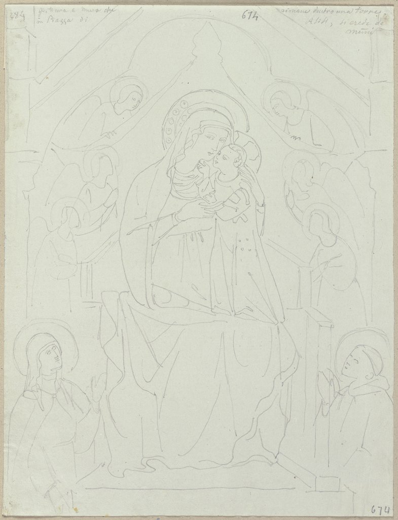 Madonna mit Klara und Franz von Assisi an einem alten Turm auf dem Platz, wo jetzt die Kirche della Morte steht, unterhalb Assisi, nach einem Fresko im Stile Simone Martinis, Johann Anton Ramboux, after Simone Martini;  circle