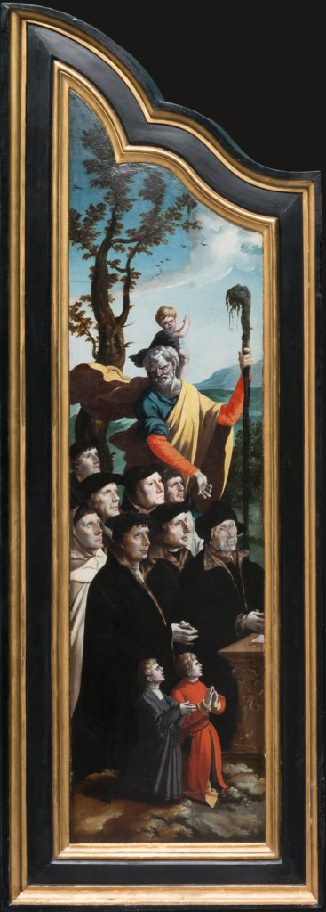 Triptychon mit der Kreuzigung Christi, Heiligen und Stifterfamilie. Linker Innenflügel: Stifter mit dem Heiligen Christophorus, Nordniederländischer Meister um 1530, Jan Swart;   ?