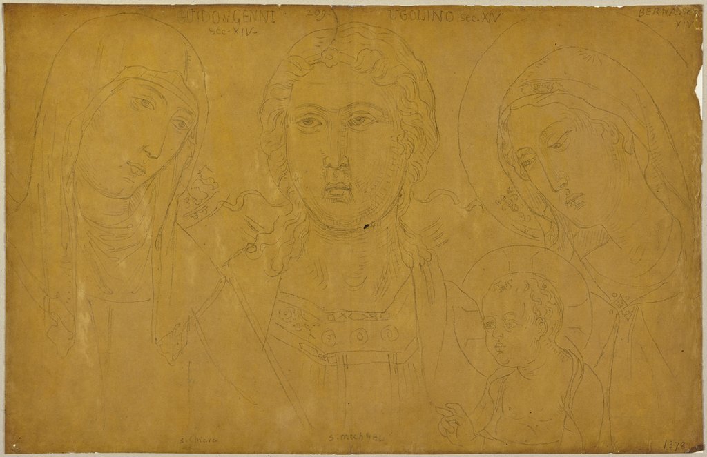 Klara von Assisi, Erzengel Michael und Maria mit dem Jesuskind, nach verschiedenen Wandmalerein (?), Johann Anton Ramboux, after Ugolino da Siena, after Barna da Siena, after Guido di Cenni