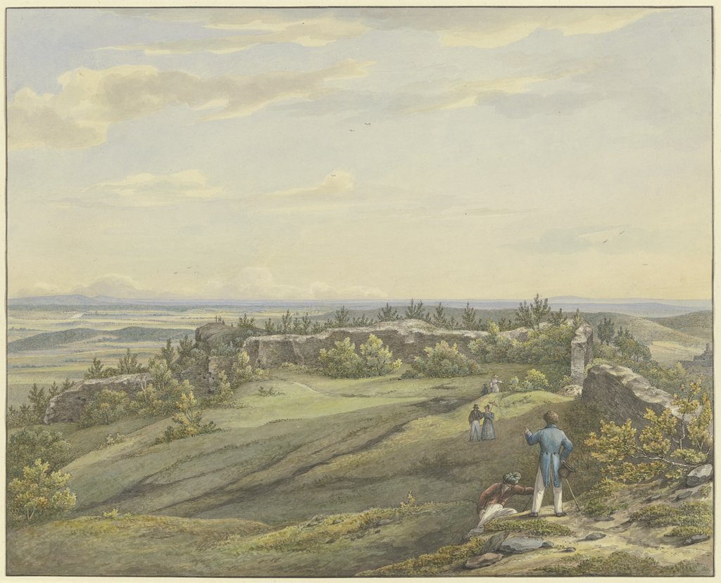 Burghof der Ruine Falkenstein mit Ausblick auf die Mainebene, den Odenwald und die Rheinberge, Carl Morgenstern