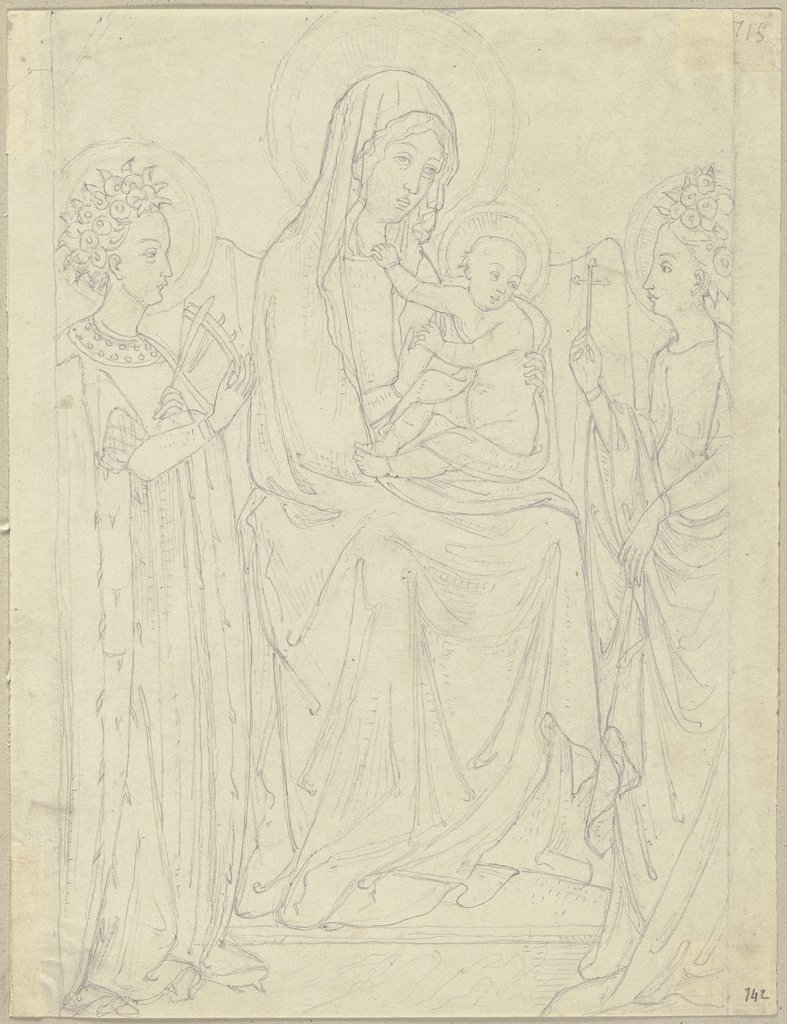 Thronende Madonna mit Jesuskind und Engeln, die Rückseite eines Triptychons im Konversatorium des Nonnenklosters San Girolamo zu Siena, Johann Anton Ramboux, nach Giovanni di Paolo;  Umkreis