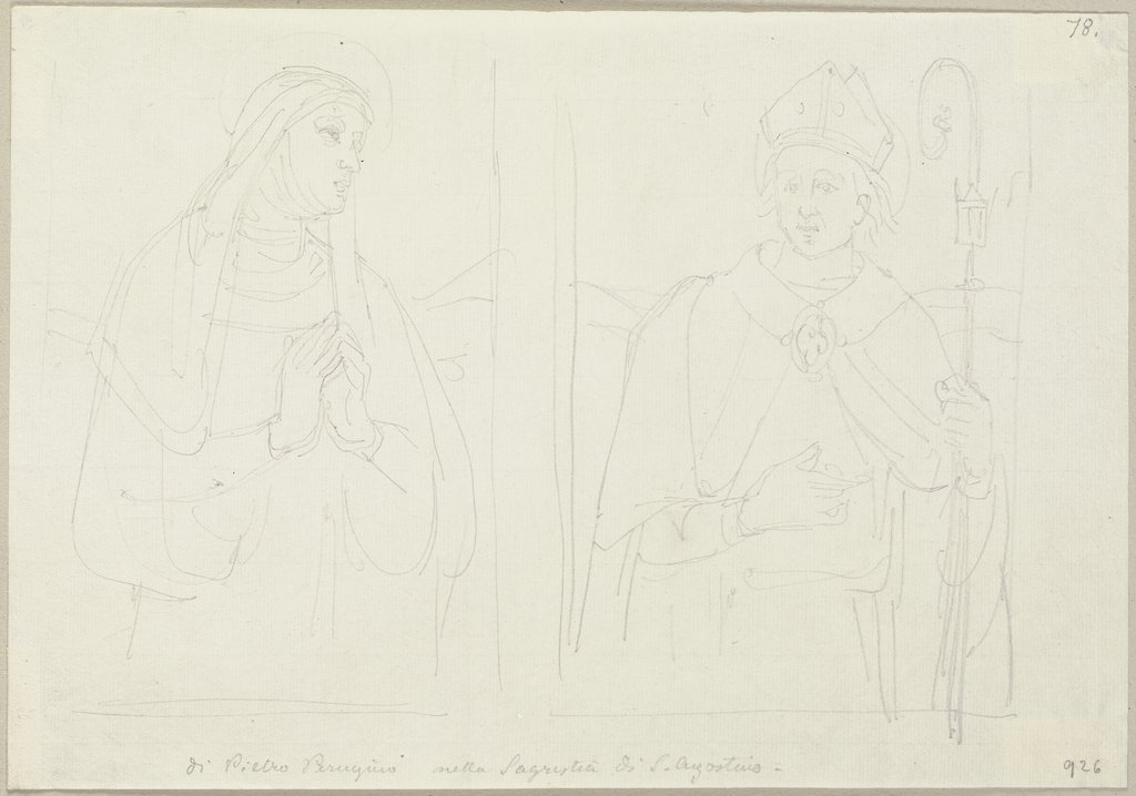 Augustinus (?) und eine heilige Nonne, von der Predella des Altars in Sant'Agostino, aufgestellt in der Sakristei, Johann Anton Ramboux, after Pietro Perugino