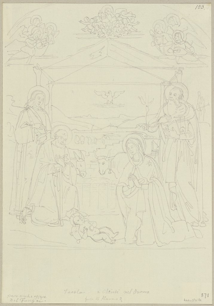 Die Anbetung des Kindes mit dem Heiligen Secondiano und dem Heiligen Hieronymus, nach einem Tafelbild von Bernardino Fungai in der Concattedrale di San Secondiano in Chiusi, Johann Anton Ramboux, after Bernardino Fungai