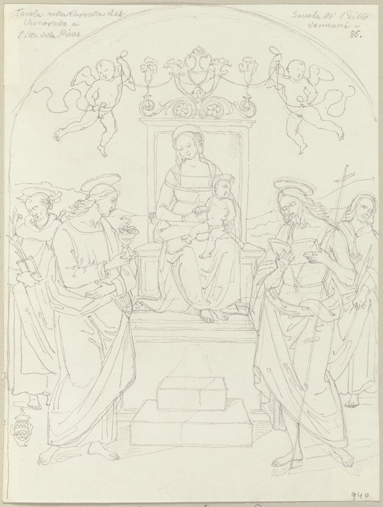 Maria mit Kind, Johannes dem Evangelist, Johannes dem Täufer, Petrus von Verona und einem weiteren Heiligen, in der Kapelle des Vescovo Palastes in Città della Pieve, Johann Anton Ramboux, nach Pietro Perugino;  Schule