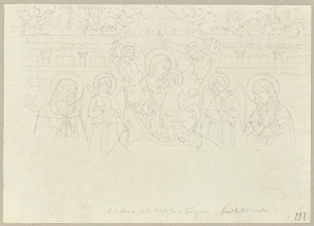 Thronende Maria mit dem Jesuskind zwischen Engeln und zwei weiblichen Heiligen, nach einem Fresko von Pierantonio Mezzastris über einer Tür des Klosters Sant' Anna in Foligno, Johann Anton Ramboux, after Pierantonio Mezzastris