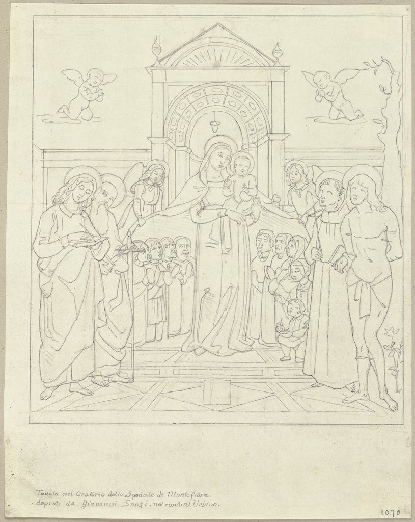 Thronende Madonna mit dem Kind, einem Evangelisten, den Heiligen Paulus, Franziskus und Sebastian sowie anbetenden Stifterfiguren, nach einem Gemälde von Giovanni Santi im Oratorium der Hospitalkirche in Fano, Johann Anton Ramboux, after Giovanni Santi