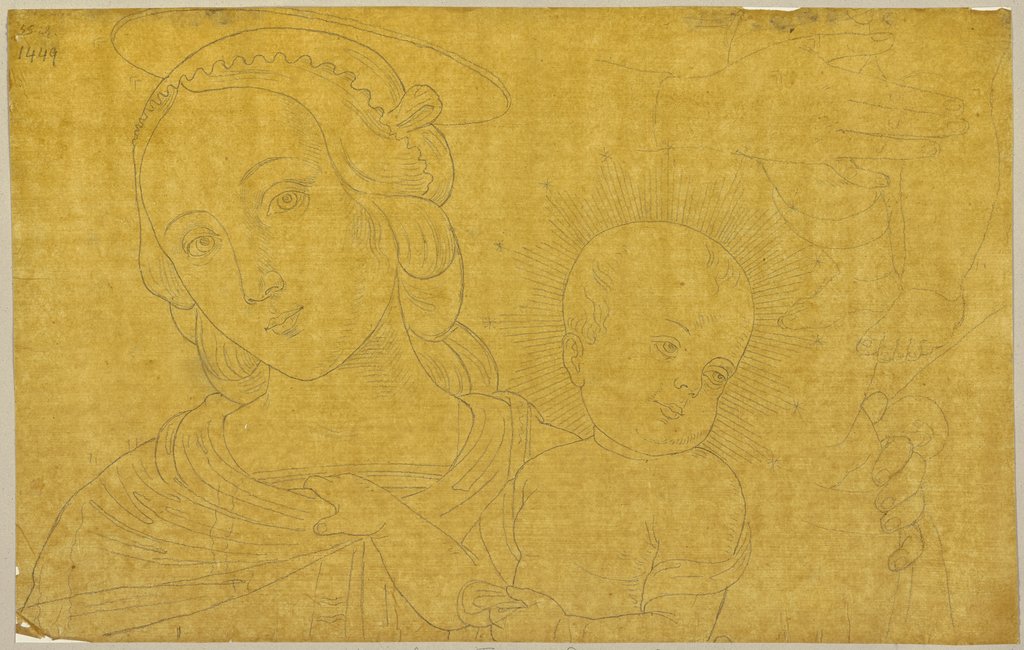 Madonna mit dem Kind, Details aus dem unteren Register des Freskos von Giovanni Santi in der Cappella Tiranni in San Domenico in Cagli, die thronende Madonna mit dem Kind, zwei Engeln, den Heiligen Petrus, Franz von Assisi, Thomas von Aquin und Johannes..., Johann Anton Ramboux, nach Giovanni Santi