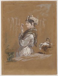 An einem Tisch lehnende Frau, mit einem kleinen Glas in der Hand (Wäscherin?), Paul Gavarni
