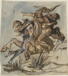 Bärtiger Mann in Begleitung eines Vogels auf einem Pferd im gestreckten Galopp, drei Gestalten suchen beide niederzuringen, Victor Müller