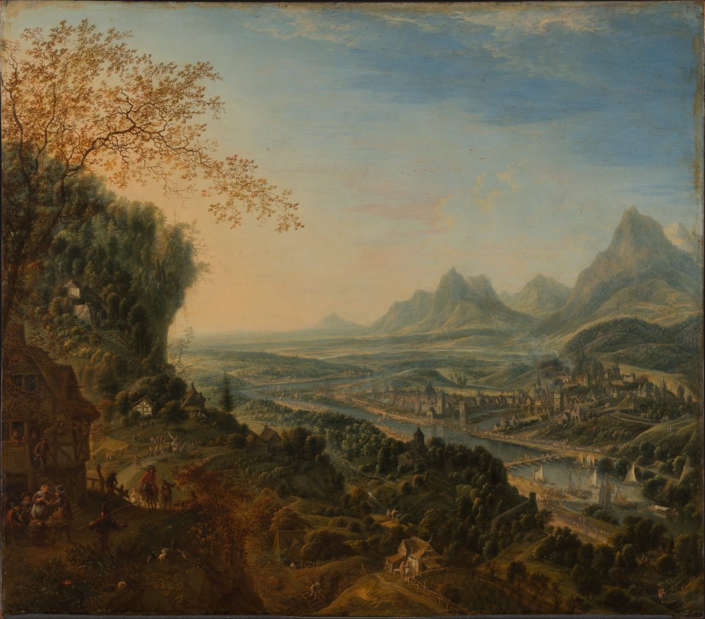 Flußlandschaft mit Rheinmotiven und dem Durchzug eines Heerbannes, Jan Griffier I