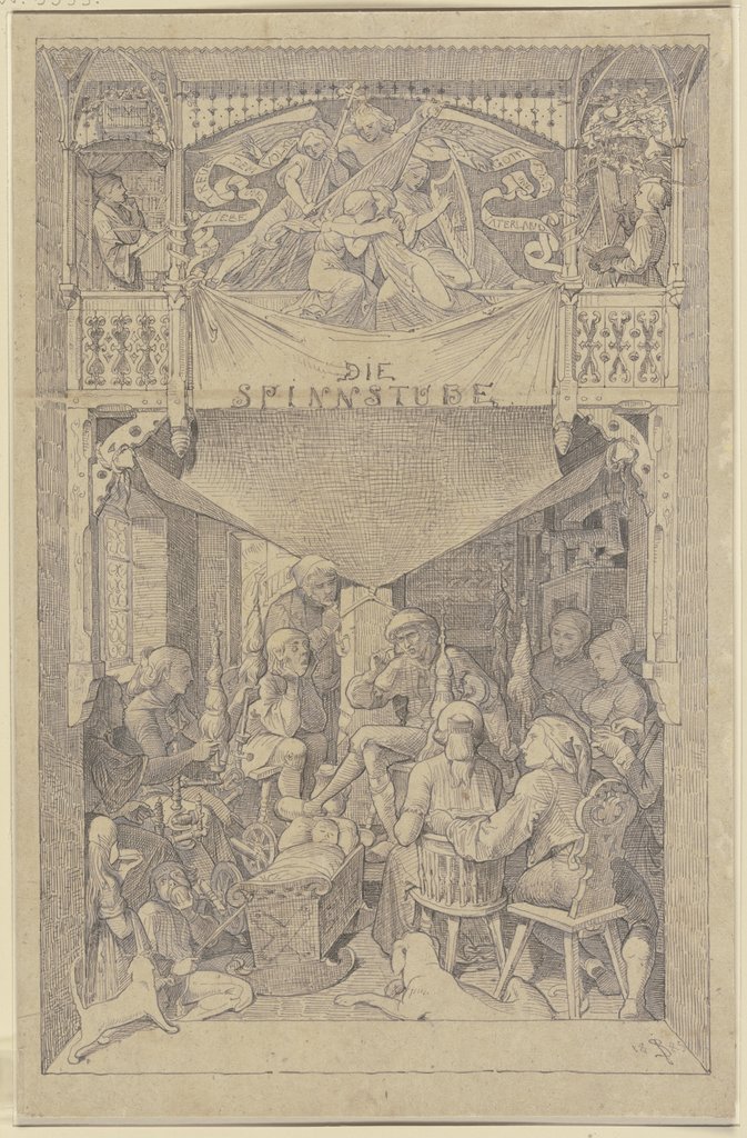 Die Spinnstube: Entwurf zu dem Titelblatt der bei Sauerländer herausgegebenen Spinnstube, Johann Baptist Scholl the Younger