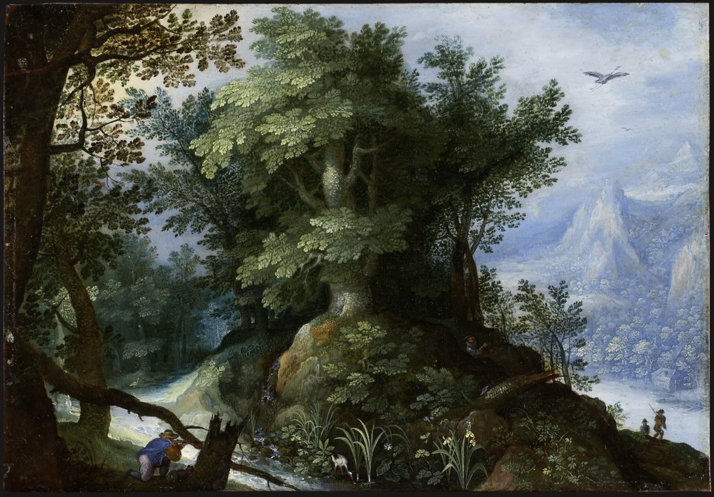 Forest Scene with Hunters, Gillis van Coninxloo;  circle