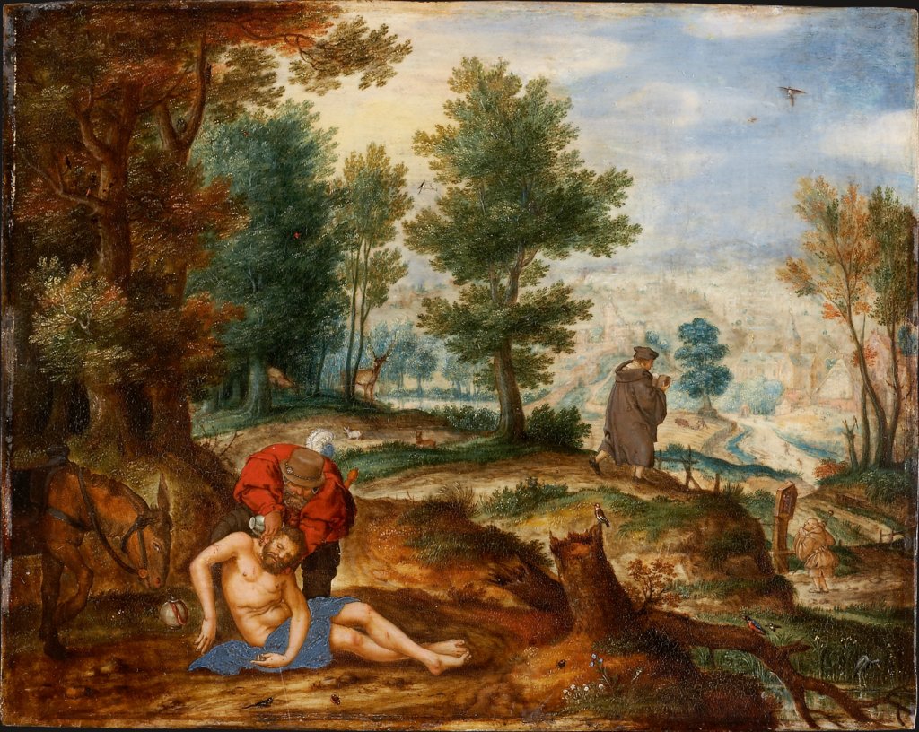 Landscape with the Good Samaritan, Pieter Stevens;  circle