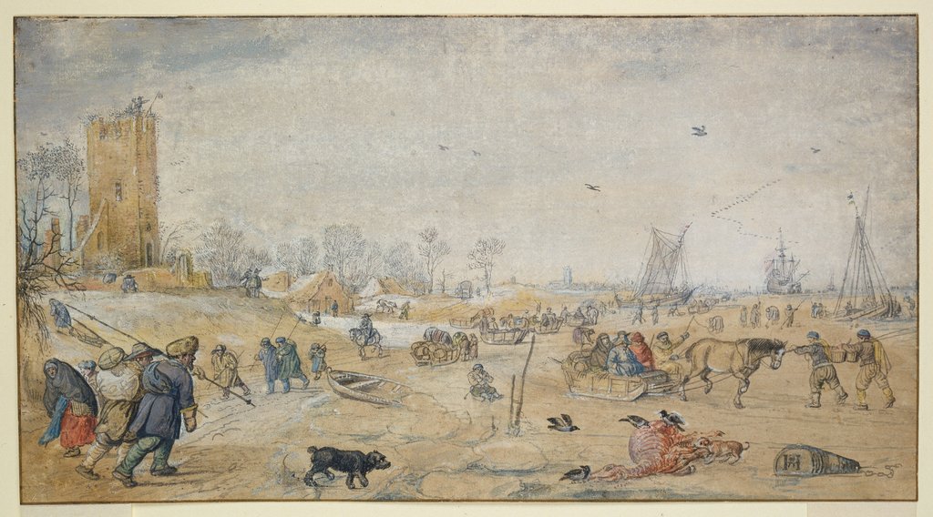 Winterlandschaft mit vielen Figuren und Schlitten, vorn liegt ein totes Pferd, von Raben gefressen, Hendrick Avercamp;  succession, Barent Avercamp;   ?