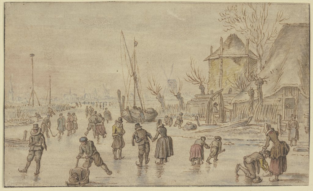 Winterlandschaft, auf dem Eis viele Schlittschuhläufer, rechts schnallt ein Mann einer Frau die Schlittschuhe an, Hendrick Avercamp;   ?