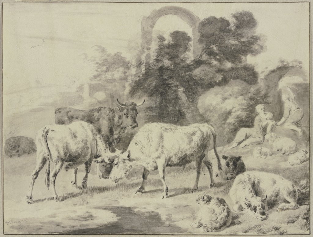 Cow herd with shepherds, Dirck van Bergen