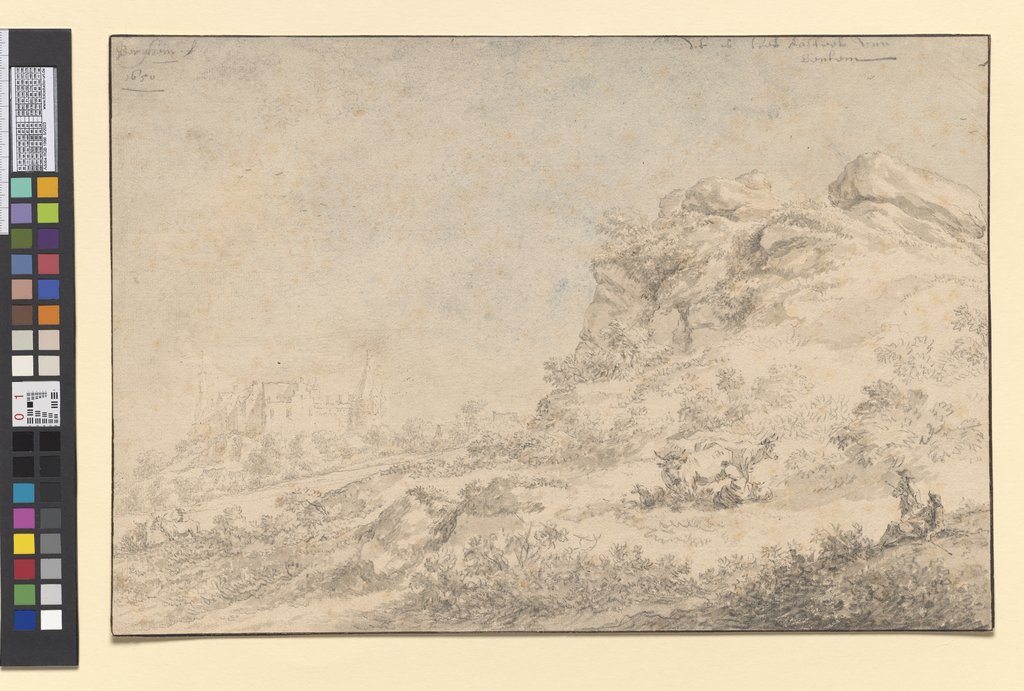 Links Schloss Bentheim, rechts ein Felsen und dabei eine Melkerin, Nicolaes Berchem