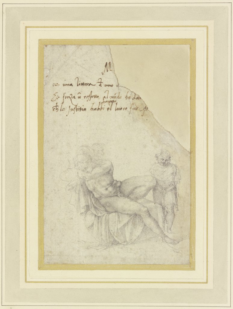 Sitzender männlicher Akt, schlafend, mit einem stehenden Kind oder Putto, Michelangelo Buonarroti;  circle ?, Michelangelo Buonarroti;   ?, Sebastiano del Piombo;   ?