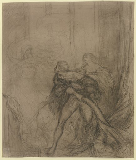Hamlet mit seiner Mutter Gertrude und dem hinter einem Vorhang getöteten Polonius, im Hintergrund der Geist des Vaters, seine Forderung nach Rache erneuernd, Victor Müller
