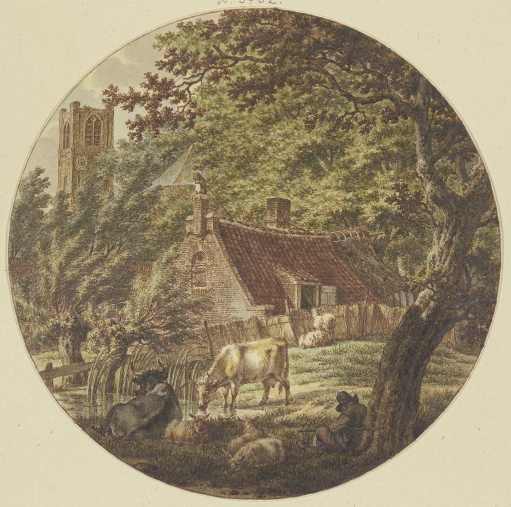 Hut in the woods with some cattle, a church tower on the left, Jacob Cats