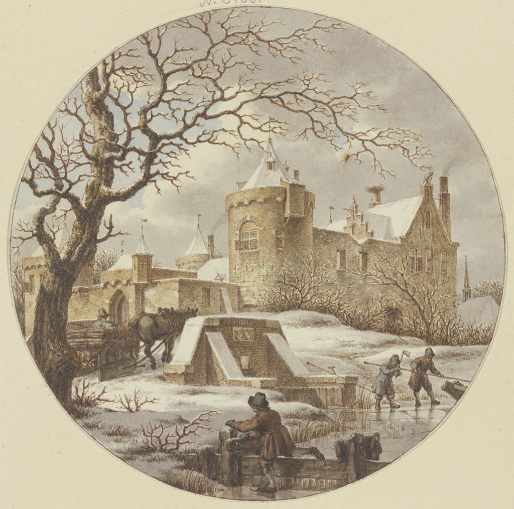 Winter landscape in front of the city wall, a wooden sledge on the bridge, Jacob Cats